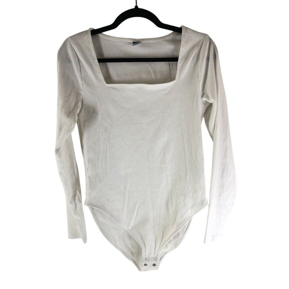 Old Navy Womens Long Sleeve Ribbed Bodysuit Square Neck White L - Picture 1 of 4